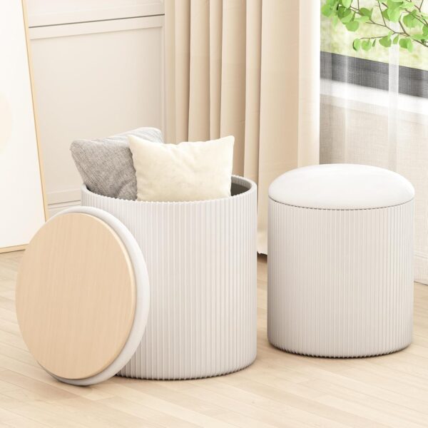 Round Ottoman with Storage open to reveal pillows and throws – set of 2 white velvet stools for living room or bedroom.