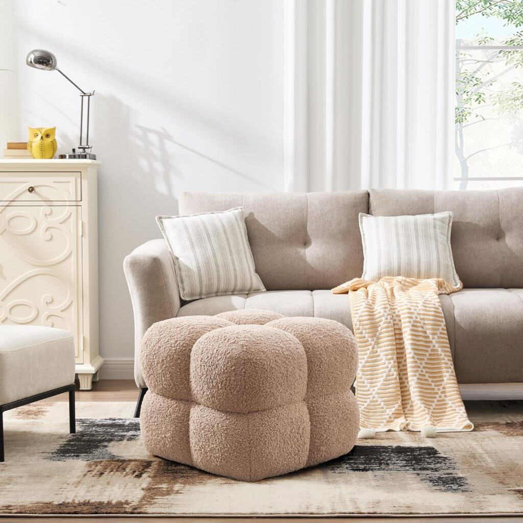 Square boucle tufted ottoman pouf – upholstered footrest and coffee table for living room or bedroom