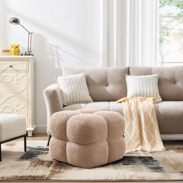 Square boucle tufted ottoman pouf – upholstered footrest and coffee table for living room or bedroom