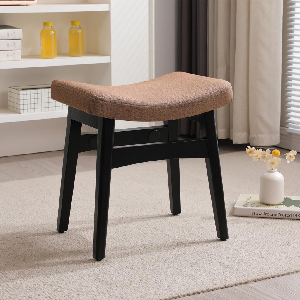 Vanity Stool with Wooden Legs Contemporary pouffe stool with cushioned seat – perfect for bedroom, living room, or reading corner