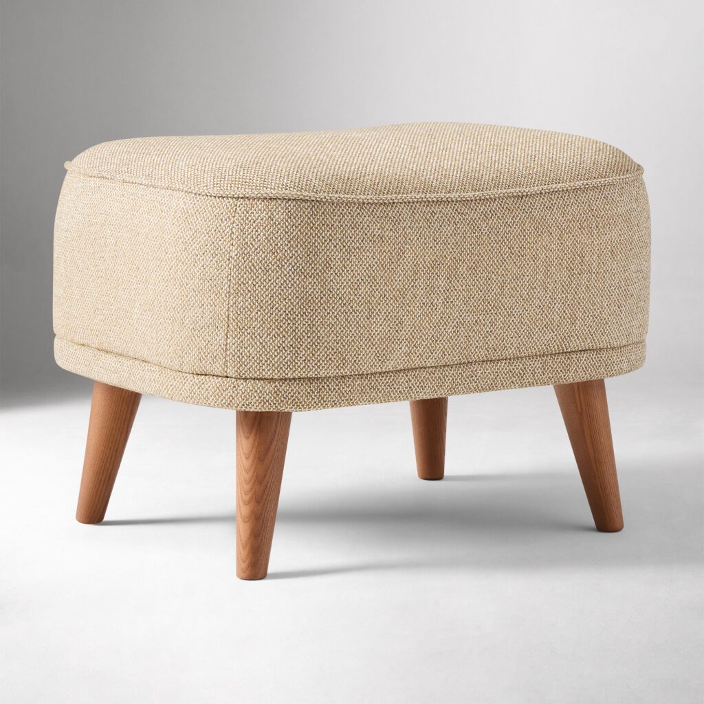 Beige wooden leg ottoman stool with thick cushion – elegant and compact footrest for home use